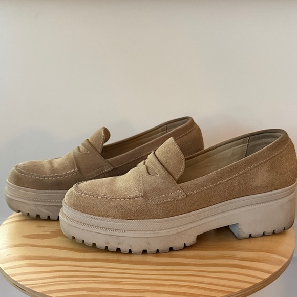 Portland Leather Tan Suede Platform Penny Loafers - Picture 3 of 8